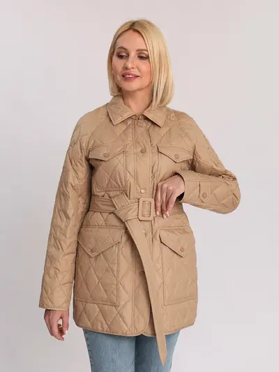 Куртка стеганая пуховая коричневая с поясом